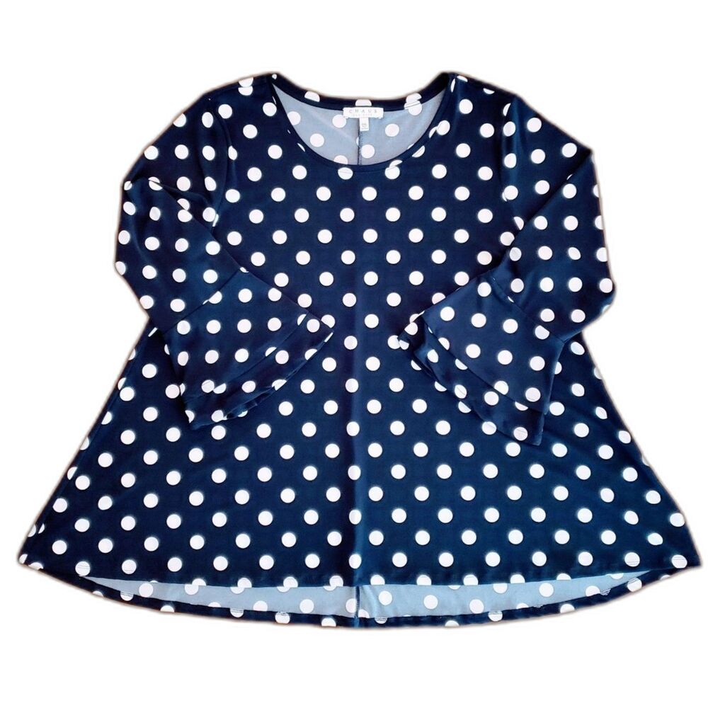 Chaus Women Oversized Blouse 3/4 Bell Sleeves Blue White Dots XXL - Picture 2 of 8